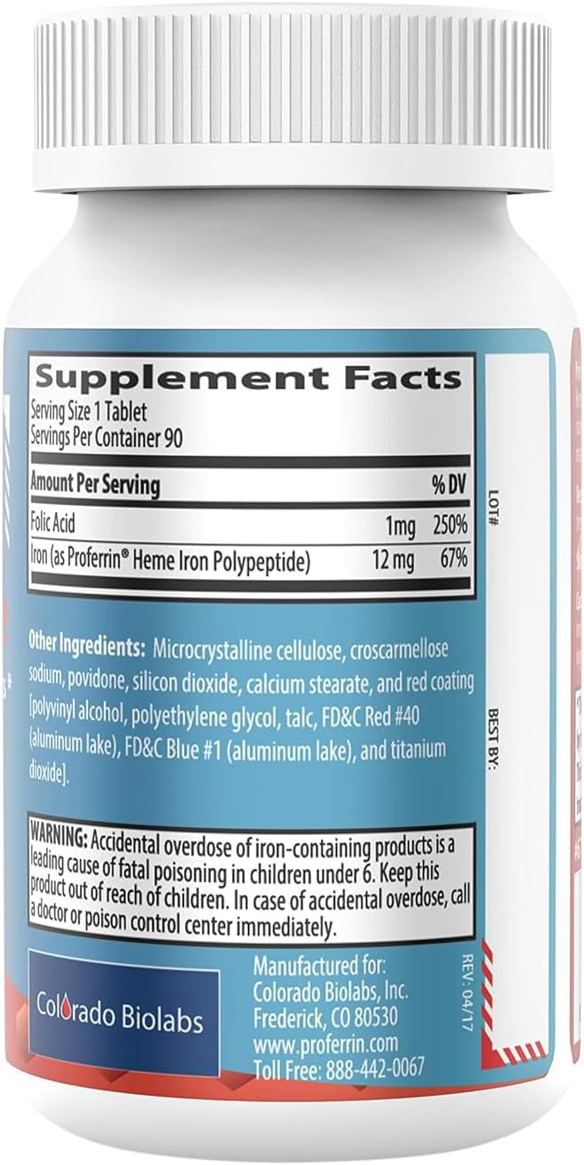 High Absorbing Heme Iron Polypeptide Tablets with Folic Acid for Red Blood Cell Production - 90 Tablets