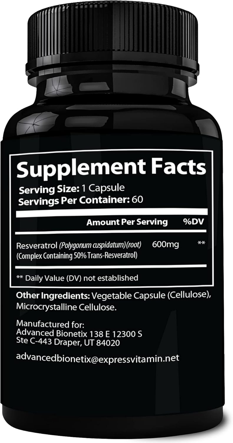 High Absorption 2X Potency Trans-Resveratrol Supplement - 1200mg per 2 Capsules for Anti Aging, Cognitive Support & Heart Health