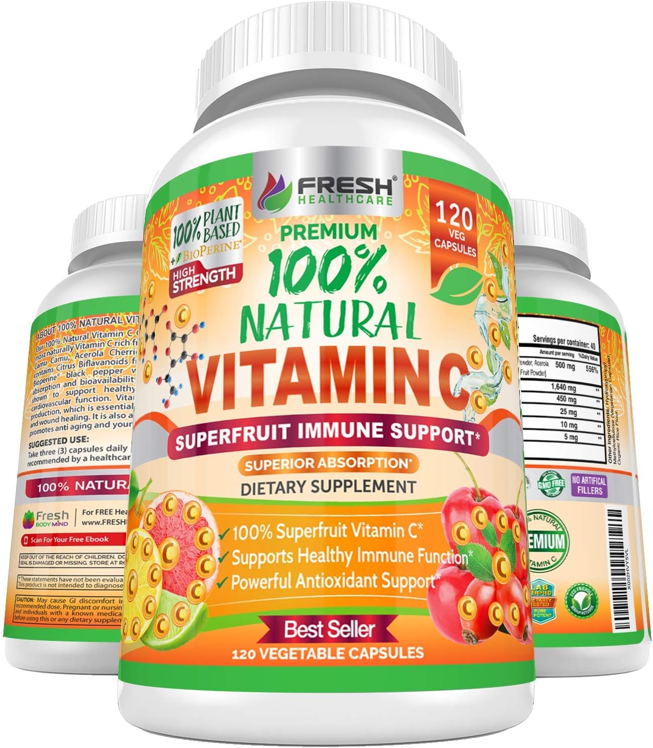 High Absorption 500mg Natural Vitamin C with Rose HIPS, Acerola Cherry, and Camu Camu - Immune Support, Skin, Joint, and Collagen Booster - 120 Capsules