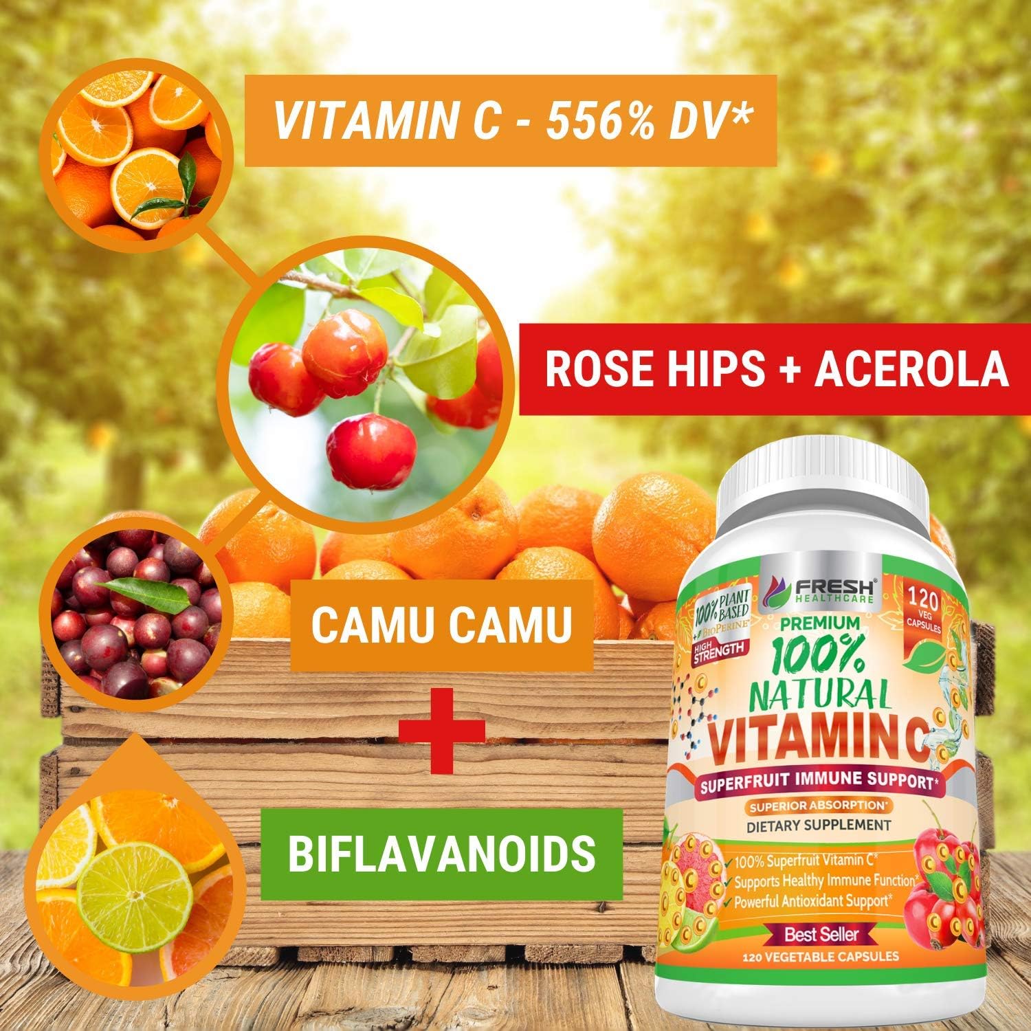 High Absorption 500mg Natural Vitamin C with Rose HIPS, Acerola Cherry, and Camu Camu - Immune Support, Skin, Joint, and Collagen Booster - 120 Capsules