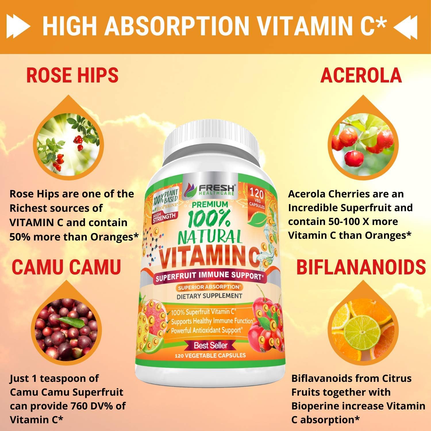 High Absorption 500mg Natural Vitamin C with Rose HIPS, Acerola Cherry, and Camu Camu - Immune Support, Skin, Joint, and Collagen Booster - 120 Capsules