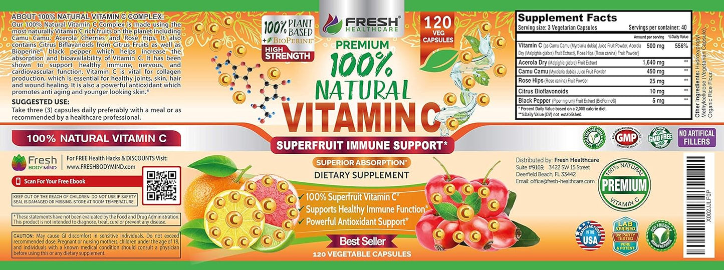 High Absorption 500mg Natural Vitamin C with Rose HIPS, Acerola Cherry, and Camu Camu - Immune Support, Skin, Joint, and Collagen Booster - 120 Capsules