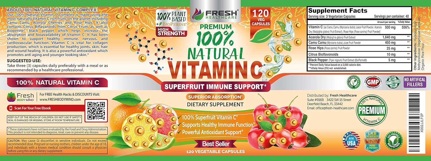 High Absorption 500mg Natural Vitamin C with Rose HIPS, Acerola Cherry, and Camu Camu - Immune Support, Skin, Joint, and Collagen Booster - 120 Capsules