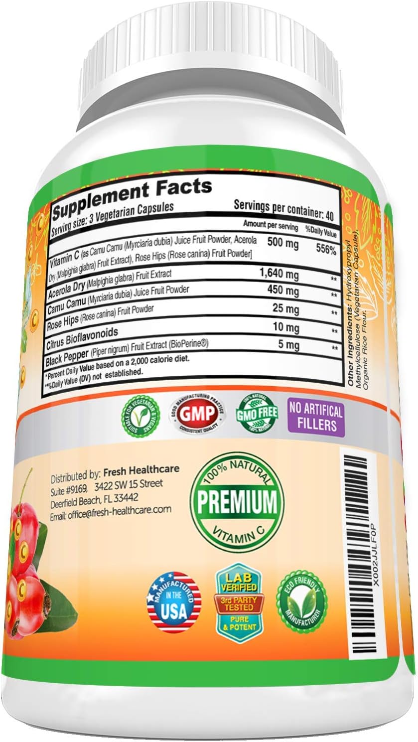 High Absorption 500mg Natural Vitamin C with Rose HIPS, Acerola Cherry, and Camu Camu - Immune Support, Skin, Joint, and Collagen Booster - 120 Capsules
