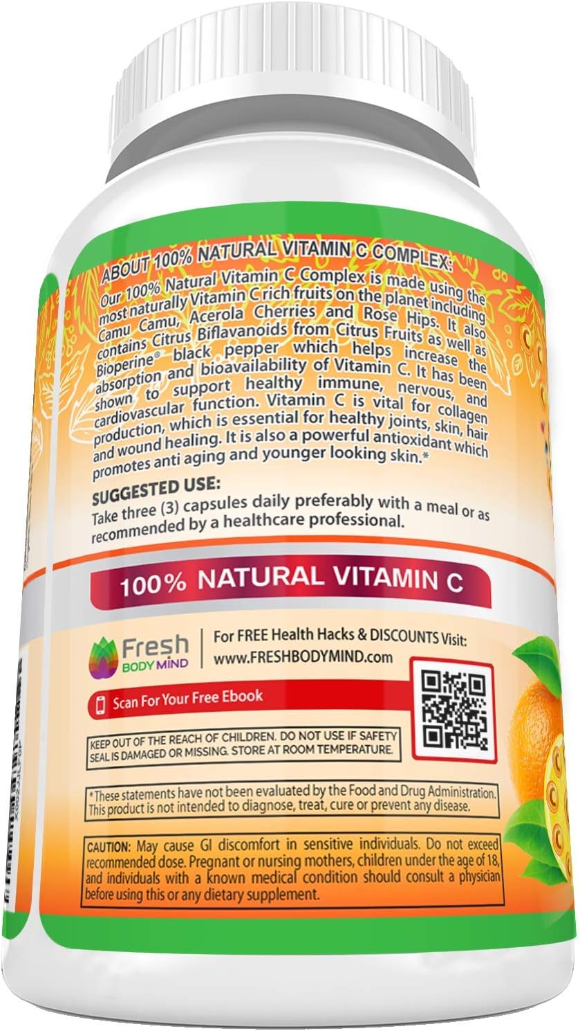 High Absorption 500mg Natural Vitamin C with Rose HIPS, Acerola Cherry, and Camu Camu - Immune Support, Skin, Joint, and Collagen Booster - 120 Capsules