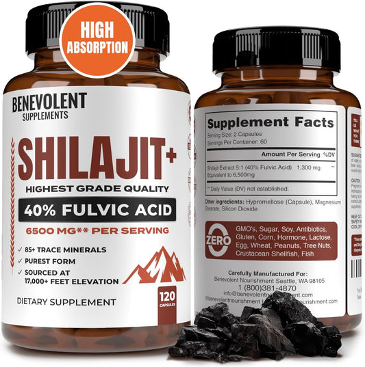 High Absorption 6,500mg Shilajit Supplement with 40% Fulvic Acid - Boost Energy & Immune Health - 120 Capsules