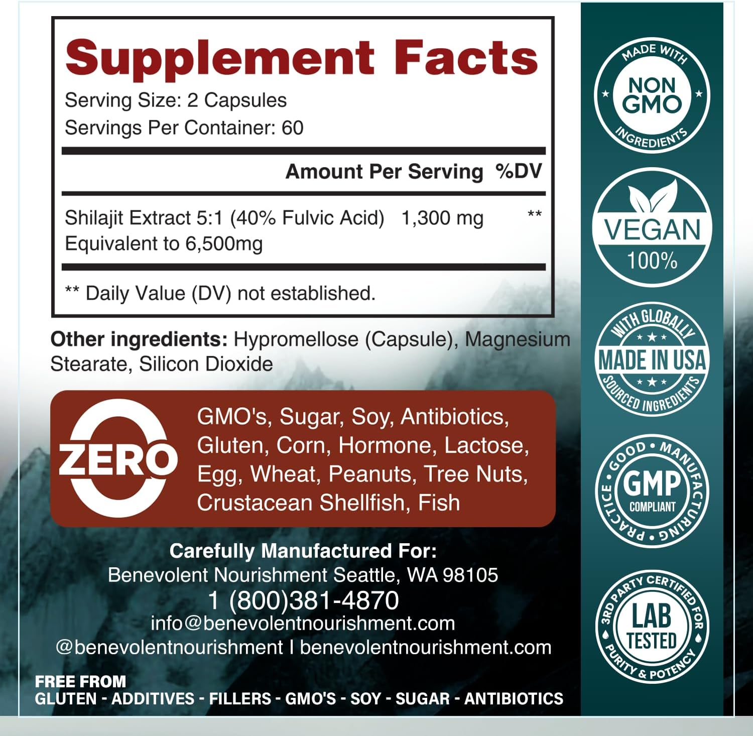 High Absorption 6,500mg Shilajit Supplement with 40% Fulvic Acid - Boost Energy & Immune Health - 120 Capsules