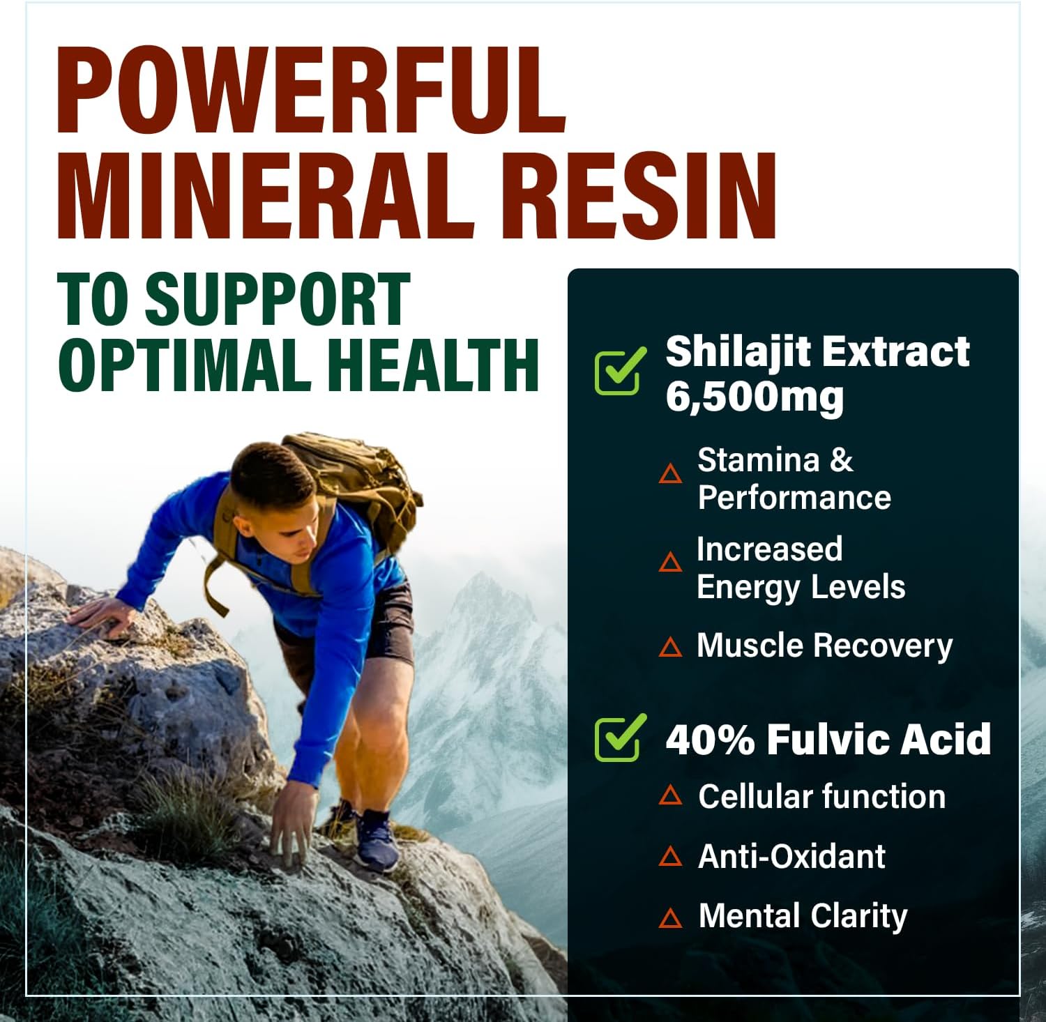 High Absorption 6,500mg Shilajit Supplement with 40% Fulvic Acid - Boost Energy & Immune Health - 120 Capsules