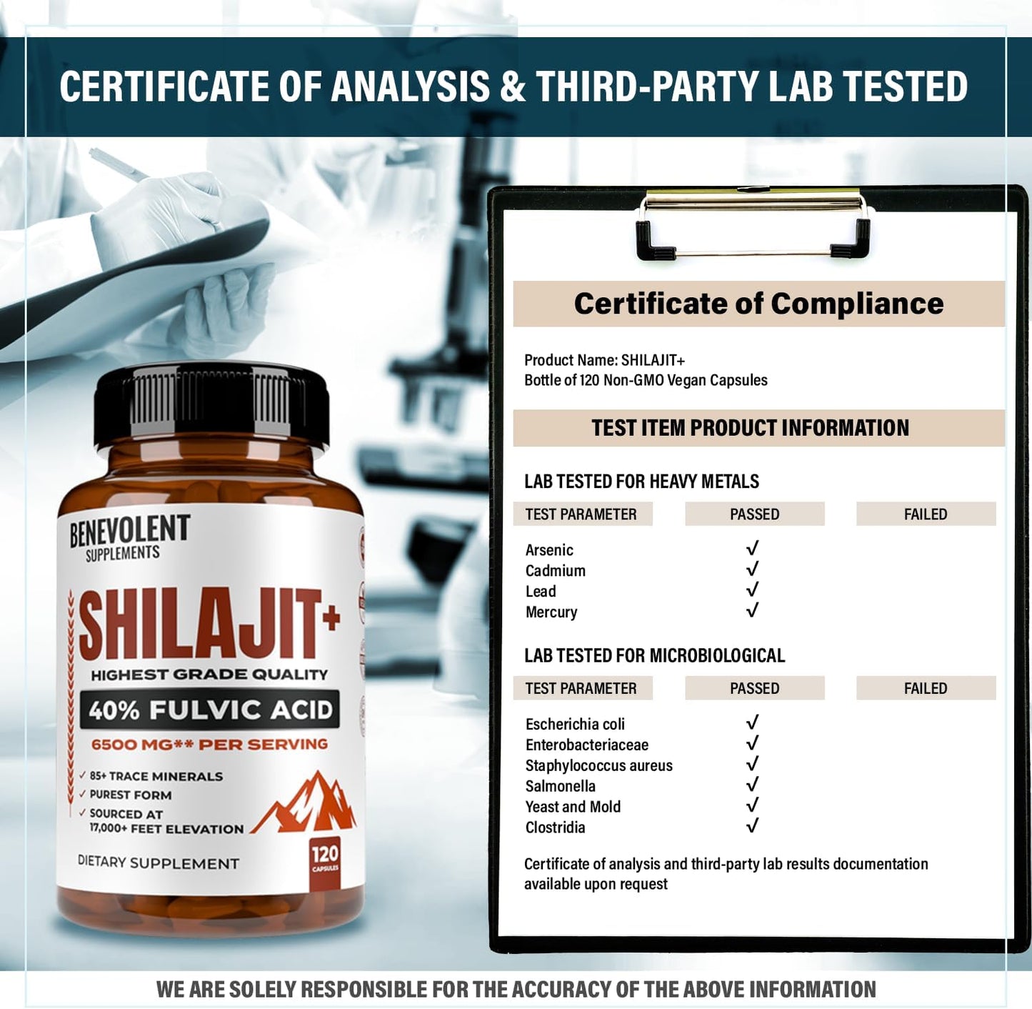 High Absorption 6,500mg Shilajit Supplement with 40% Fulvic Acid - Boost Energy & Immune Health - 120 Capsules