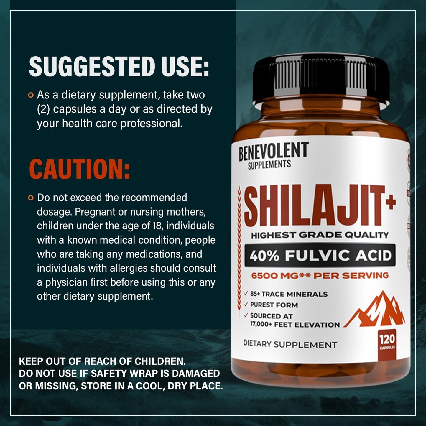 High Absorption 6,500mg Shilajit Supplement with 40% Fulvic Acid - Boost Energy & Immune Health - 120 Capsules