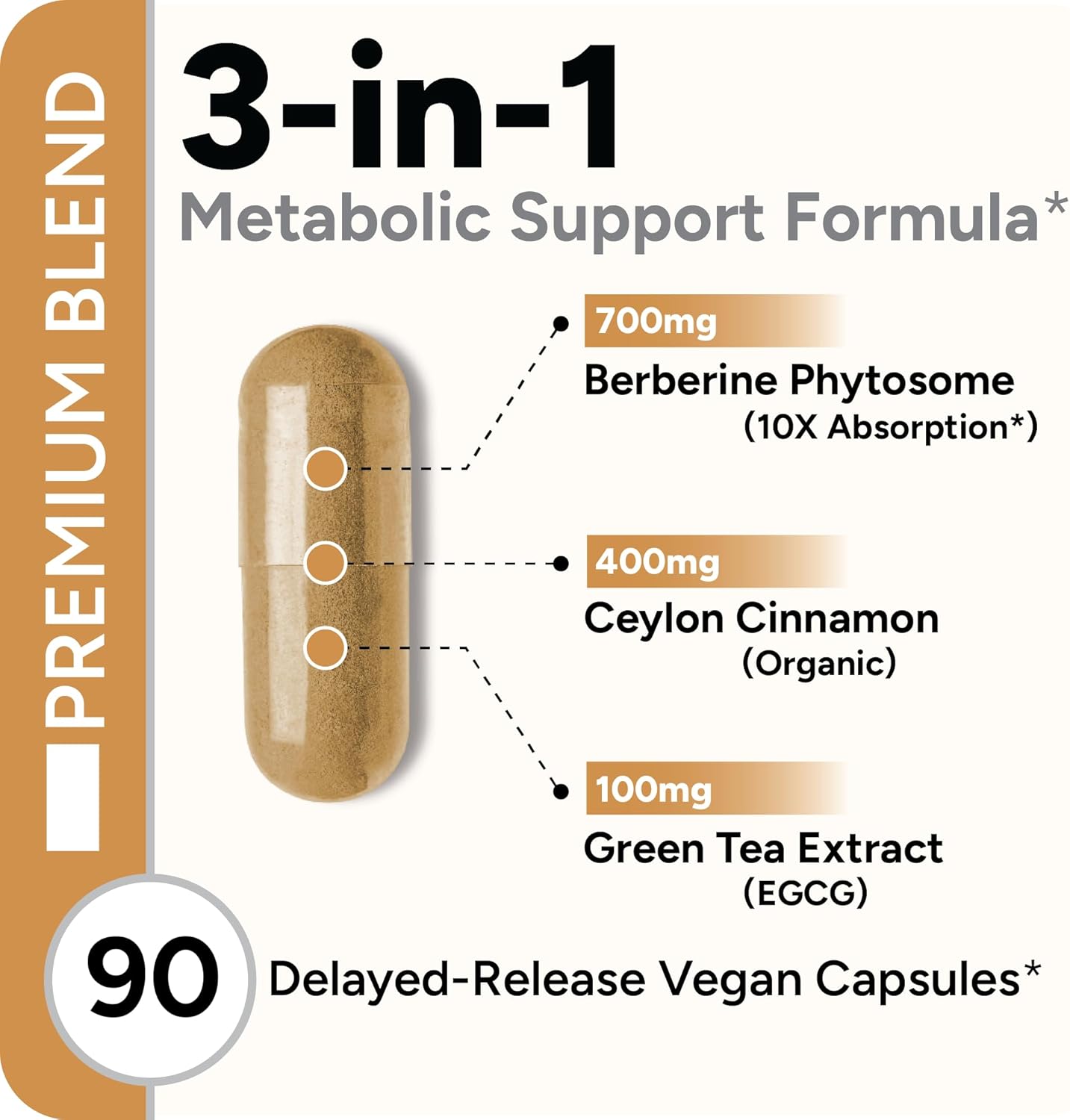 High Absorption Berberine Phytosome with Ceylon Cinnamon and Green Tea Extract - Metabolic Support for Women and Men - Berberis Aristata Supplement - 90 Capsules