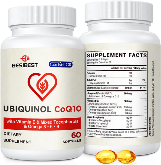 High Absorption Besibest Ubiquinol CoQ10 Softgels - 600mg with Vitamin E & Omega 3, 6, 9 - Powerful Antioxidant Supplement for Energy Production - 60 Count