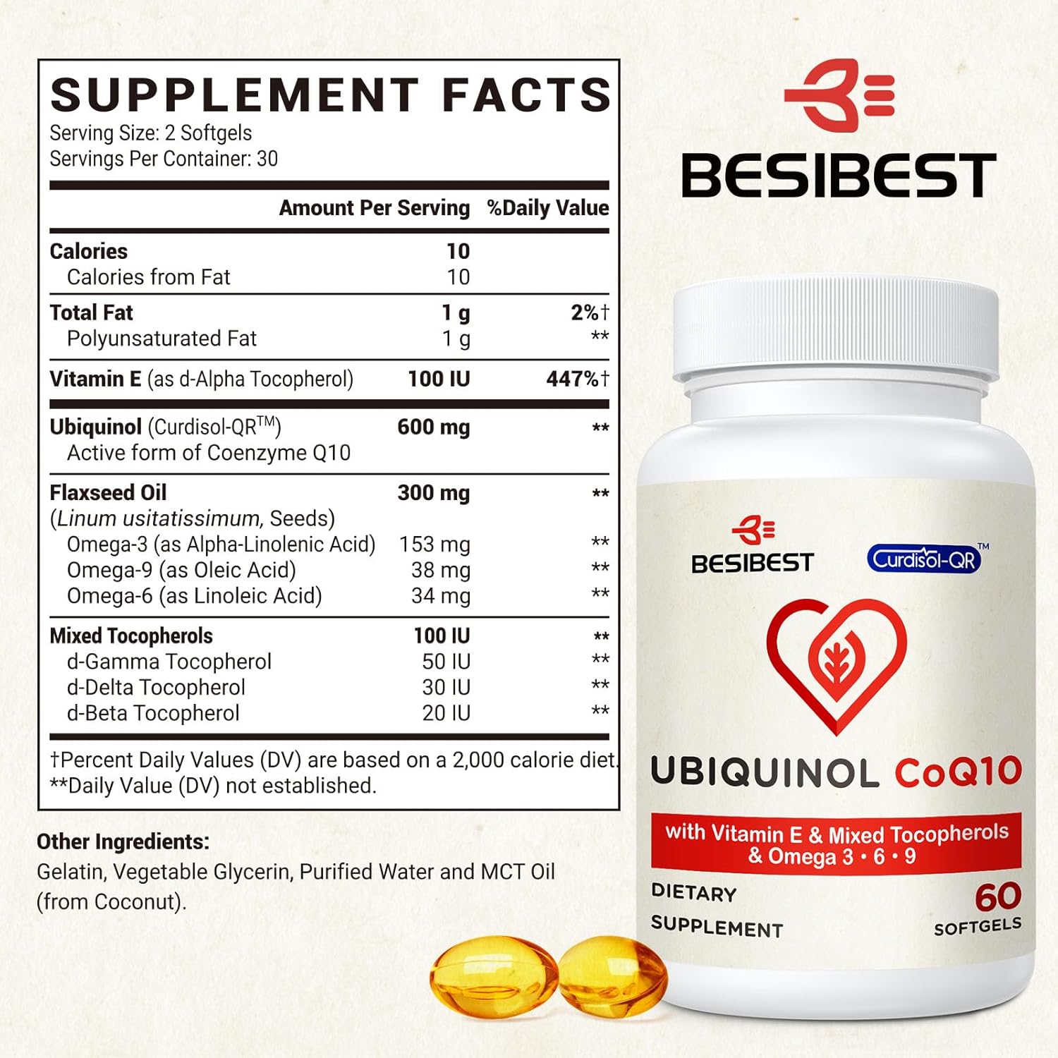 High Absorption Besibest Ubiquinol CoQ10 Softgels - 600mg with Vitamin E & Omega 3, 6, 9 - Powerful Antioxidant Supplement for Energy Production - 60 Count