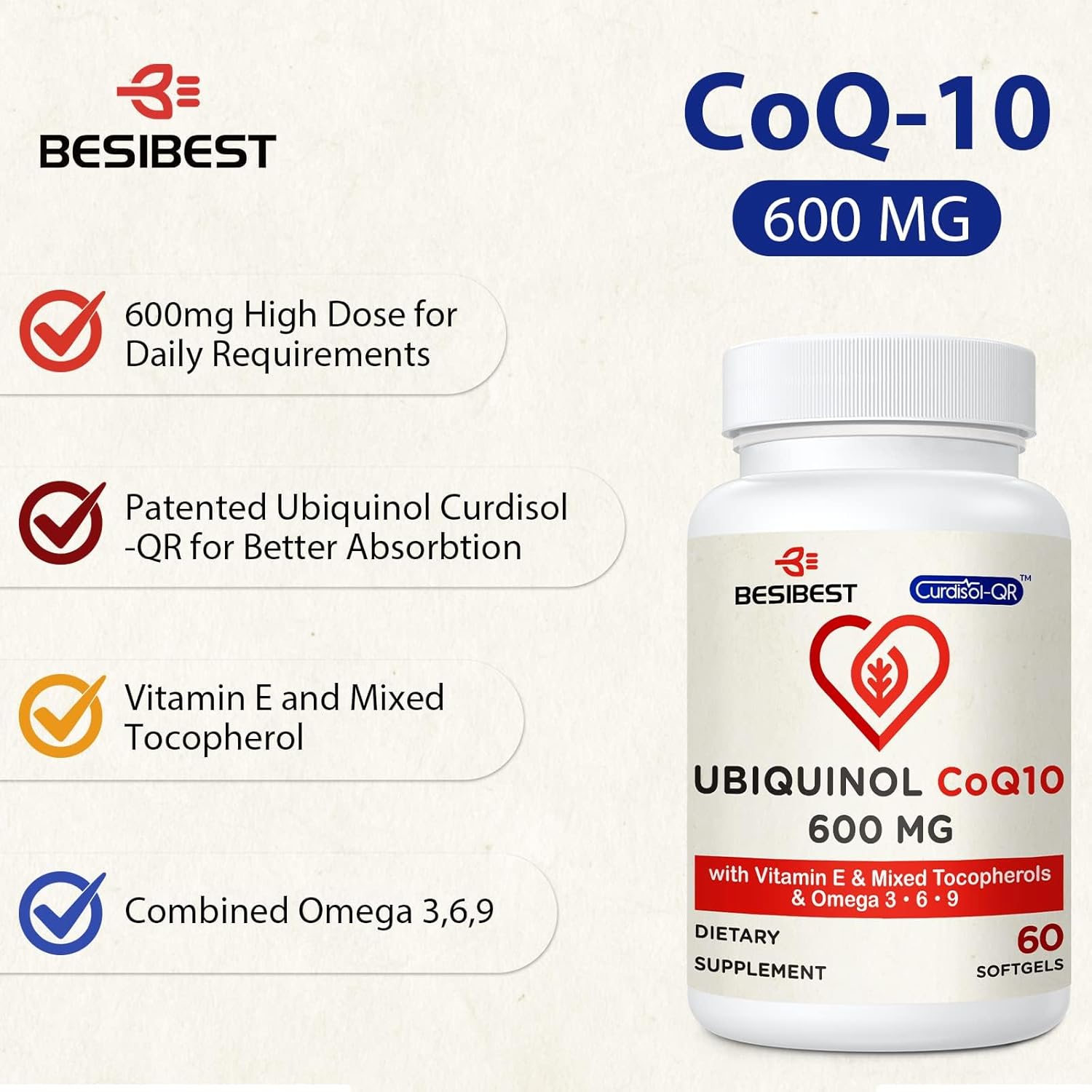 High Absorption Besibest Ubiquinol CoQ10 Softgels - 600mg with Vitamin E & Omega 3, 6, 9 - Powerful Antioxidant Supplement for Energy Production - 60 Count