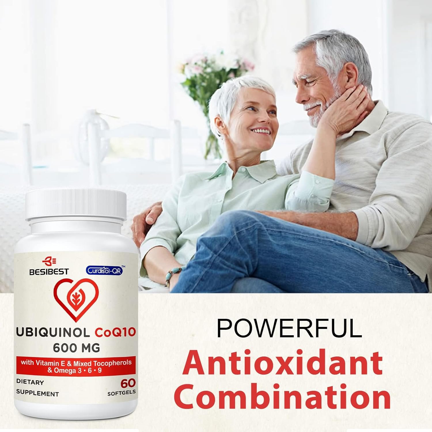 High Absorption Besibest Ubiquinol CoQ10 Softgels - 600mg with Vitamin E & Omega 3, 6, 9 - Powerful Antioxidant Supplement for Energy Production - 60 Count