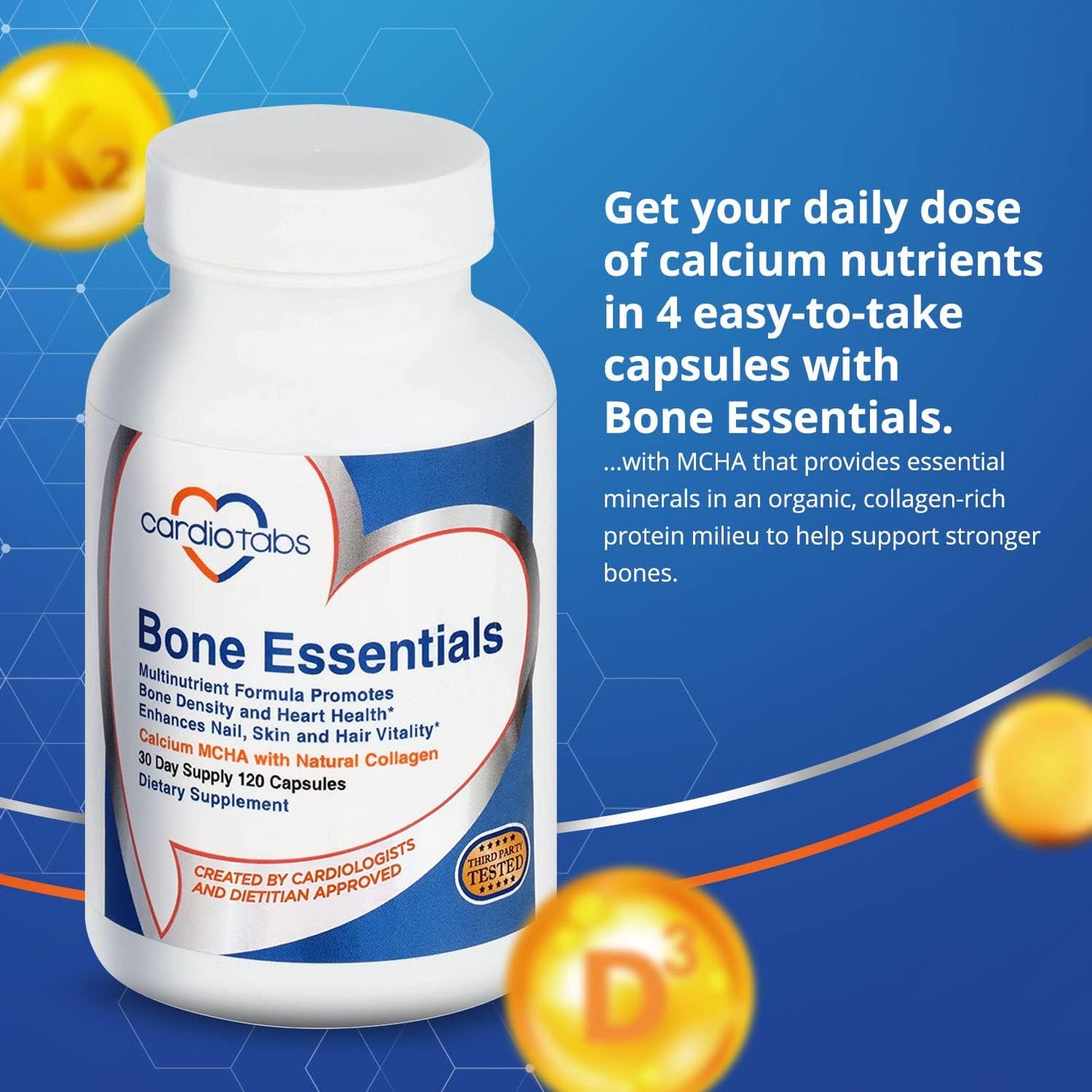 High Absorption Bone & Heart Health Supplement with MCHA, Collagen, Vitamins & Minerals, 120 Capsules