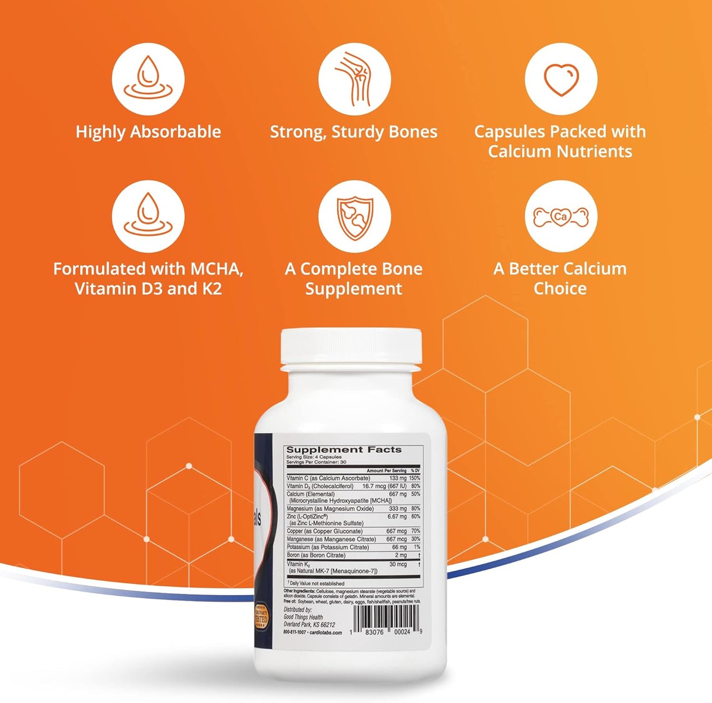 High Absorption Bone & Heart Health Supplement with MCHA, Collagen, Vitamins & Minerals, 120 Capsules