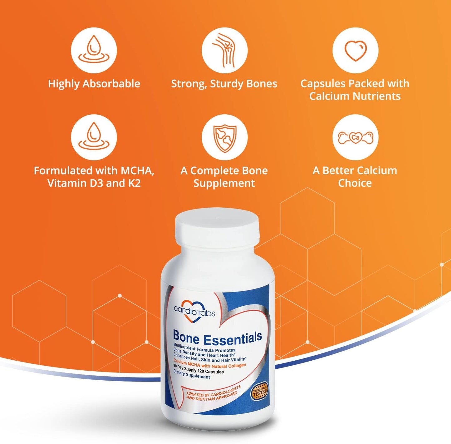High Absorption Bone & Heart Health Supplement with MCHA, Collagen, Vitamins & Minerals, 120 Capsules
