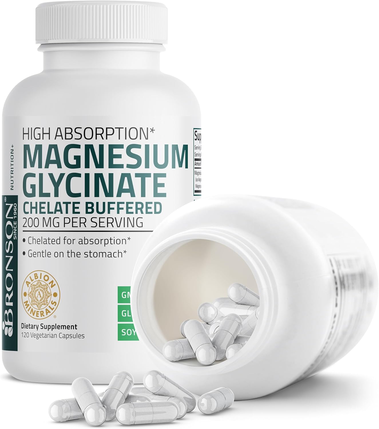 High Absorption Bronson Magnesium Glycinate 200 MG - Gentle On Stomach, Non-GMO, 120 Veg Capsules