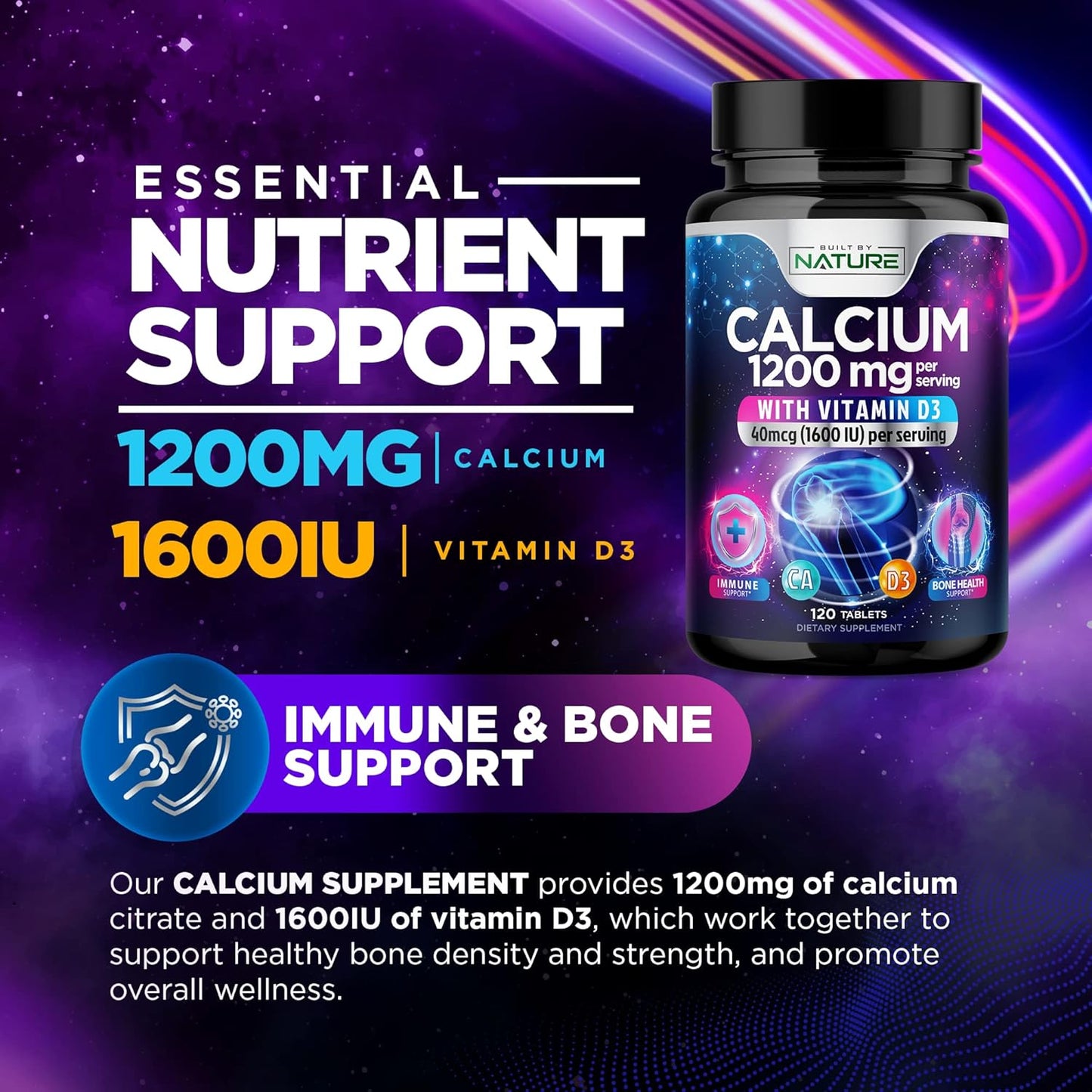 High Absorption Calcium 1200mg with Vitamin D3 for Strong Bones - Advanced Bone Health Supplement, Slow Release with 1600 IU D3, Easy to Swallow, 120 Tablets