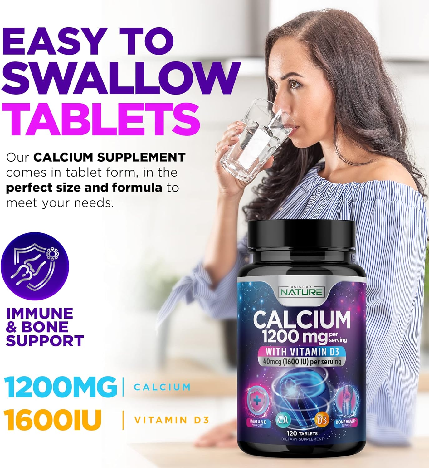 High Absorption Calcium 1200mg with Vitamin D3 for Strong Bones - Advanced Bone Health Supplement, Slow Release with 1600 IU D3, Easy to Swallow, 120 Tablets