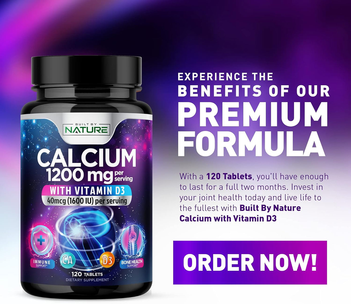 High Absorption Calcium 1200mg with Vitamin D3 for Strong Bones - Advanced Bone Health Supplement, Slow Release with 1600 IU D3, Easy to Swallow, 120 Tablets