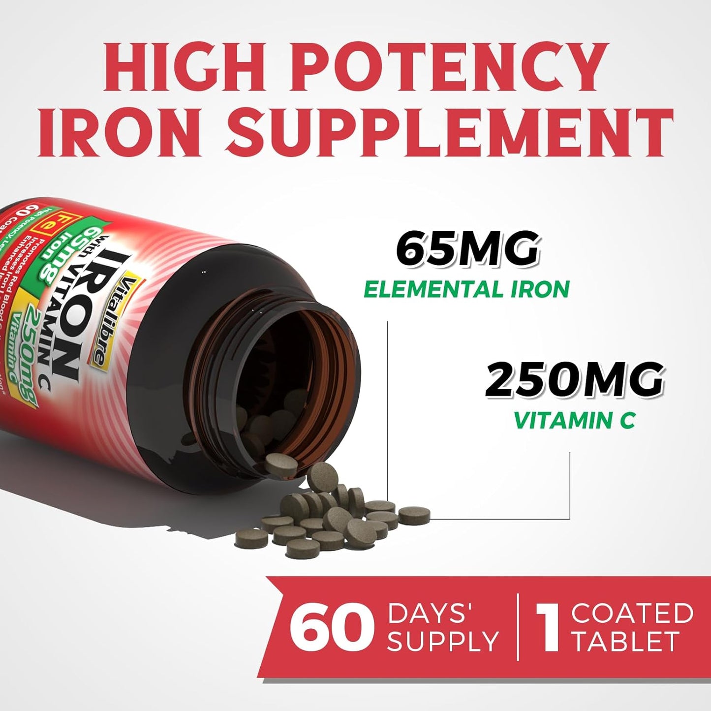 High Absorption Carbonyl Iron Supplement with Vitamin C for Men & Women - 60 Vegan Tabs, Non-GMO & Gluten-Free