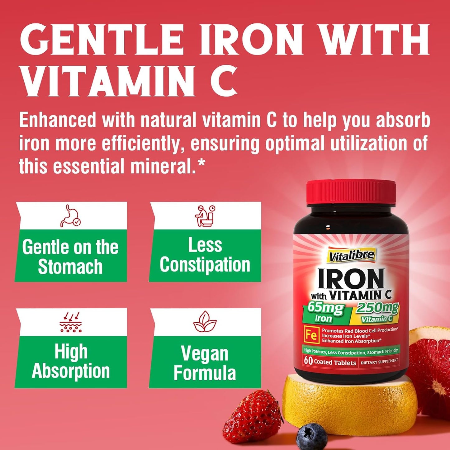 High Absorption Carbonyl Iron Supplement with Vitamin C for Men & Women - 60 Vegan Tabs, Non-GMO & Gluten-Free