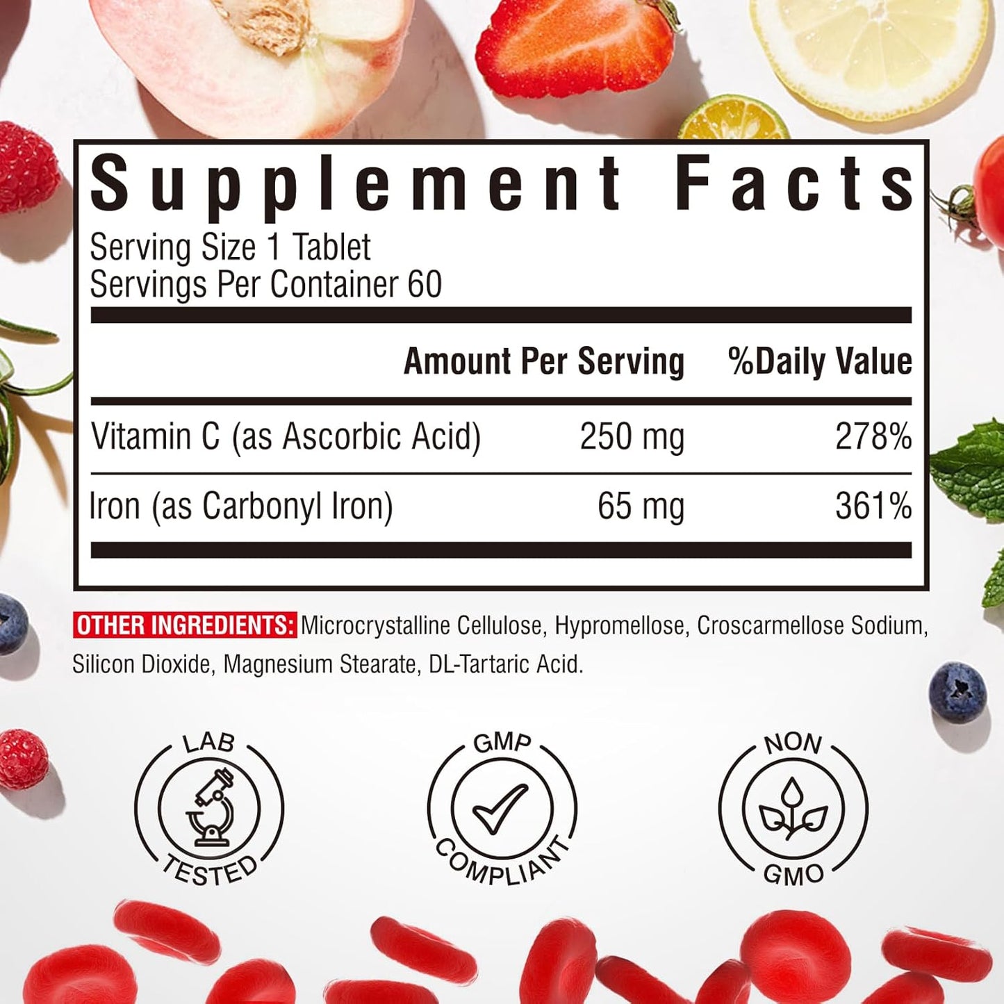 High Absorption Carbonyl Iron Supplement with Vitamin C for Men & Women - 60 Vegan Tabs, Non-GMO & Gluten-Free