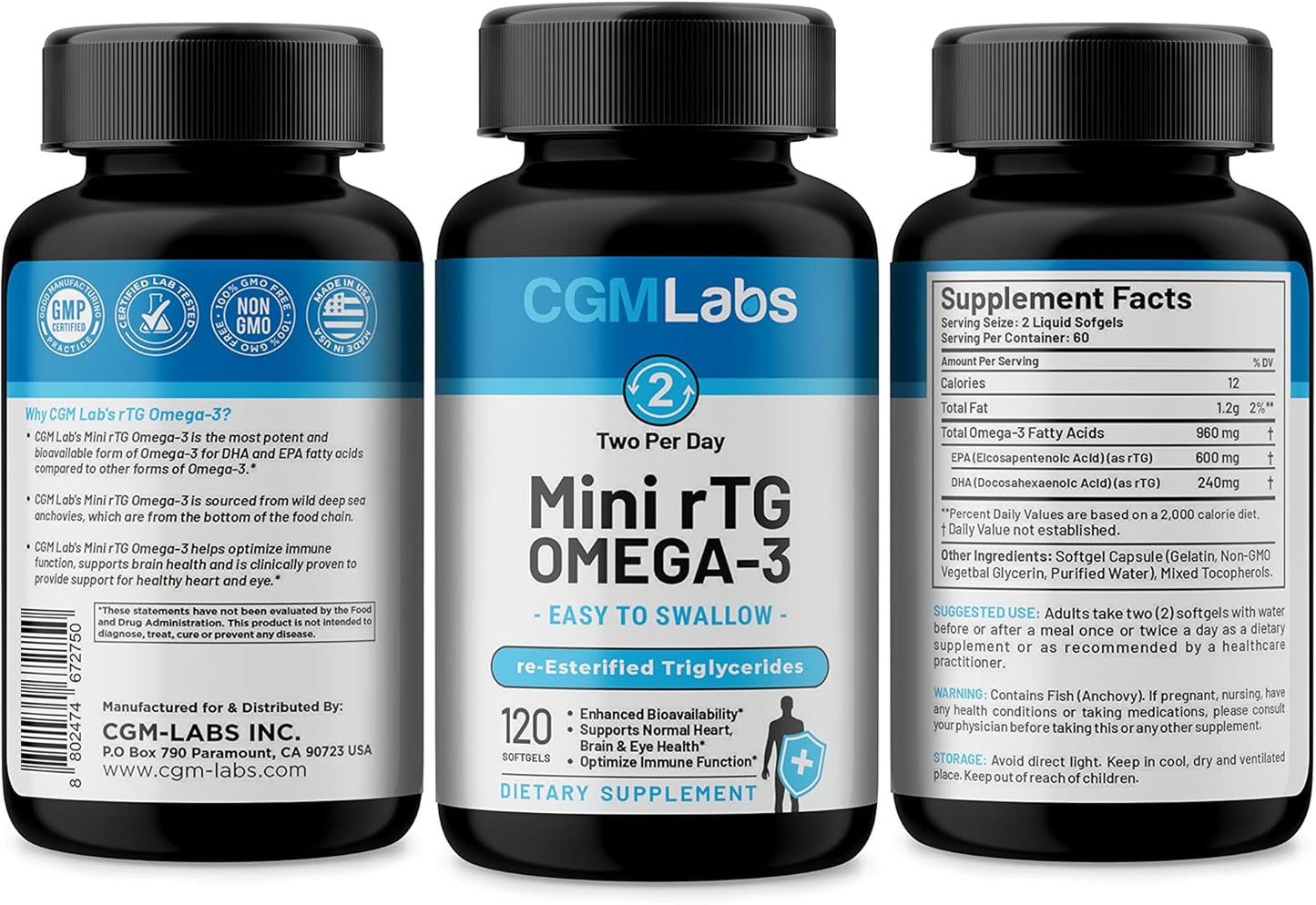 High Absorption CGMLABS rTG Omega 3 Fish Oil Supplement - Burpless, Fast-Acting Anchovy Oil with 960mg EPA & DHA (as rTG) - 120 Softgels
