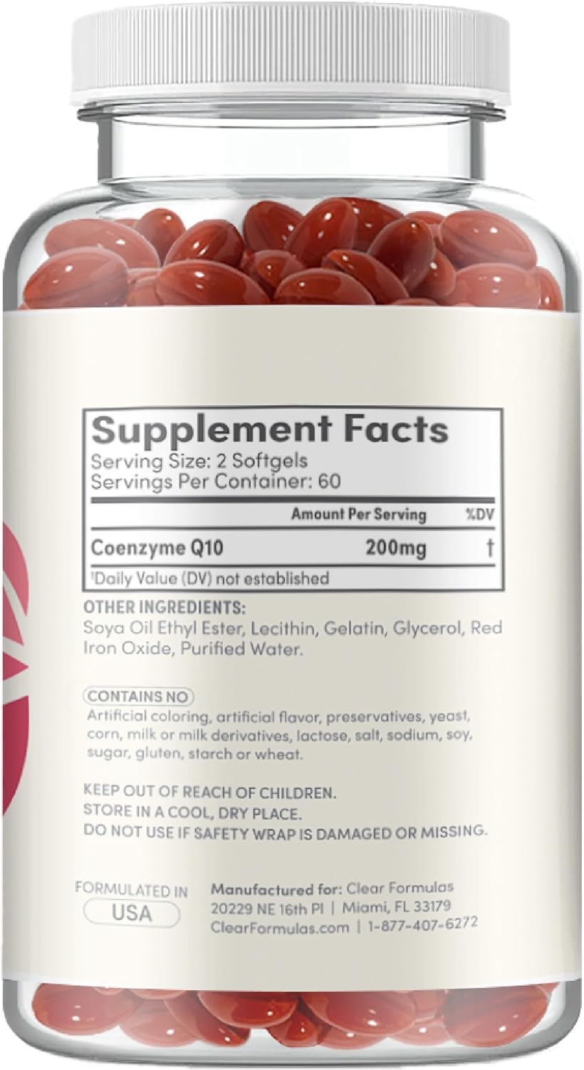 High Absorption ClearFormulas CoQ10 200mg Softgels - Potent Antioxidant for Heart Health & Aging Support - Stable Ubiquinone Soft Gels - 60 Servings