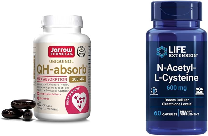 High Absorption Co-Q10 & NAC Supplement for Immune, Respiratory, and Liver Health - Jarrow Formulas QH-Absorb 200mg & Life Extension N-Acetyl-L-Cysteine (NAC) 600mg