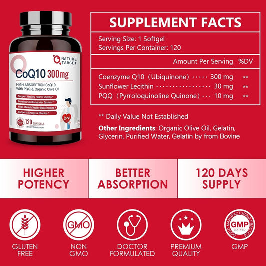 High Absorption Coenzyme Q10 Softgels with Organic Olive Oil - 300mg Antioxidant for Heart Health, Immune Support, and Energy Production
