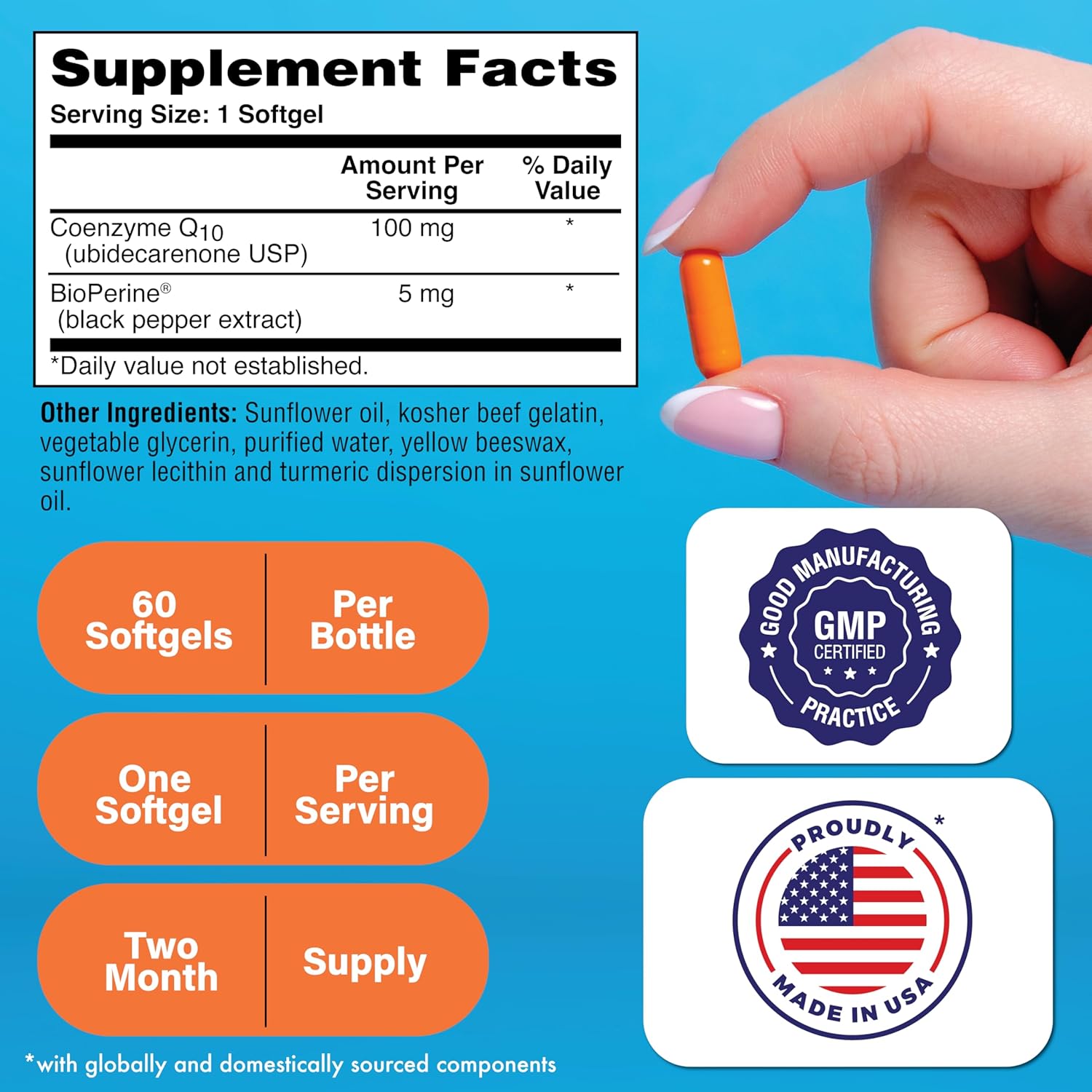 High Absorption CoQ-10 100mg Softgels with BioPerine | Naturally Fermented USP Grade | 60ct | Heart & Energy Support
