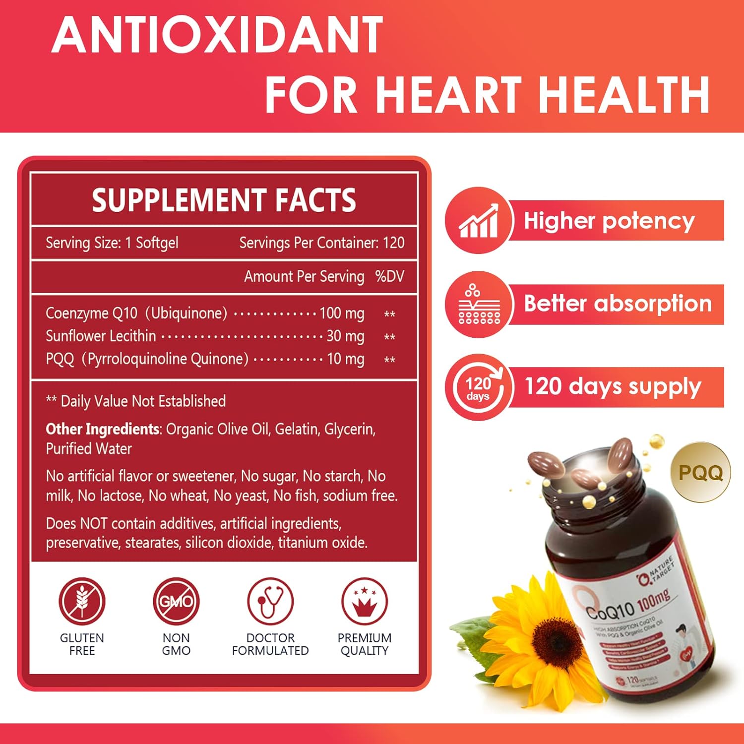 High Absorption CoQ10-100mg Softgels with PQQ and Organic Olive Oil - Antioxidant for Heart & Brain - 120 Servings