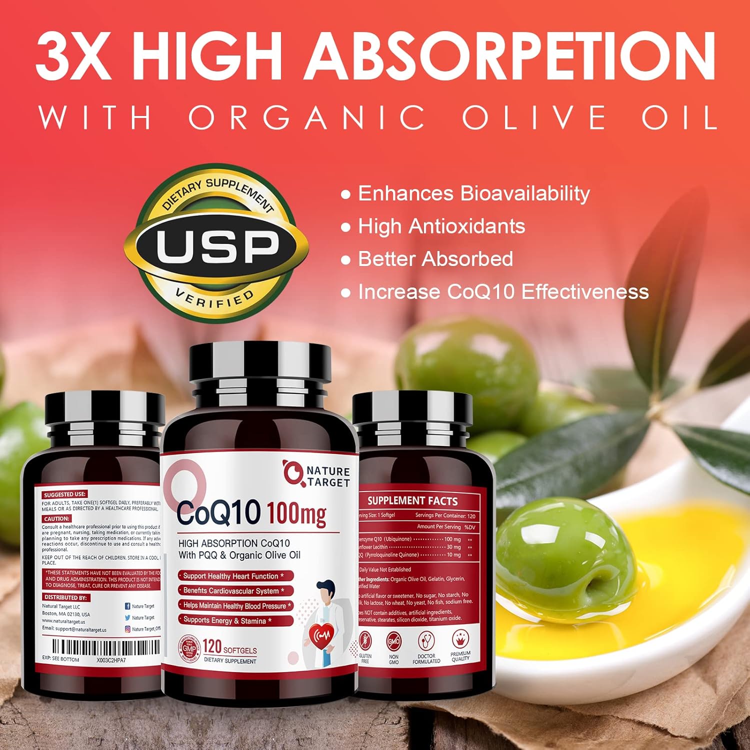 High Absorption CoQ10-100mg Softgels with PQQ and Organic Olive Oil - Antioxidant for Heart & Brain - 120 Servings