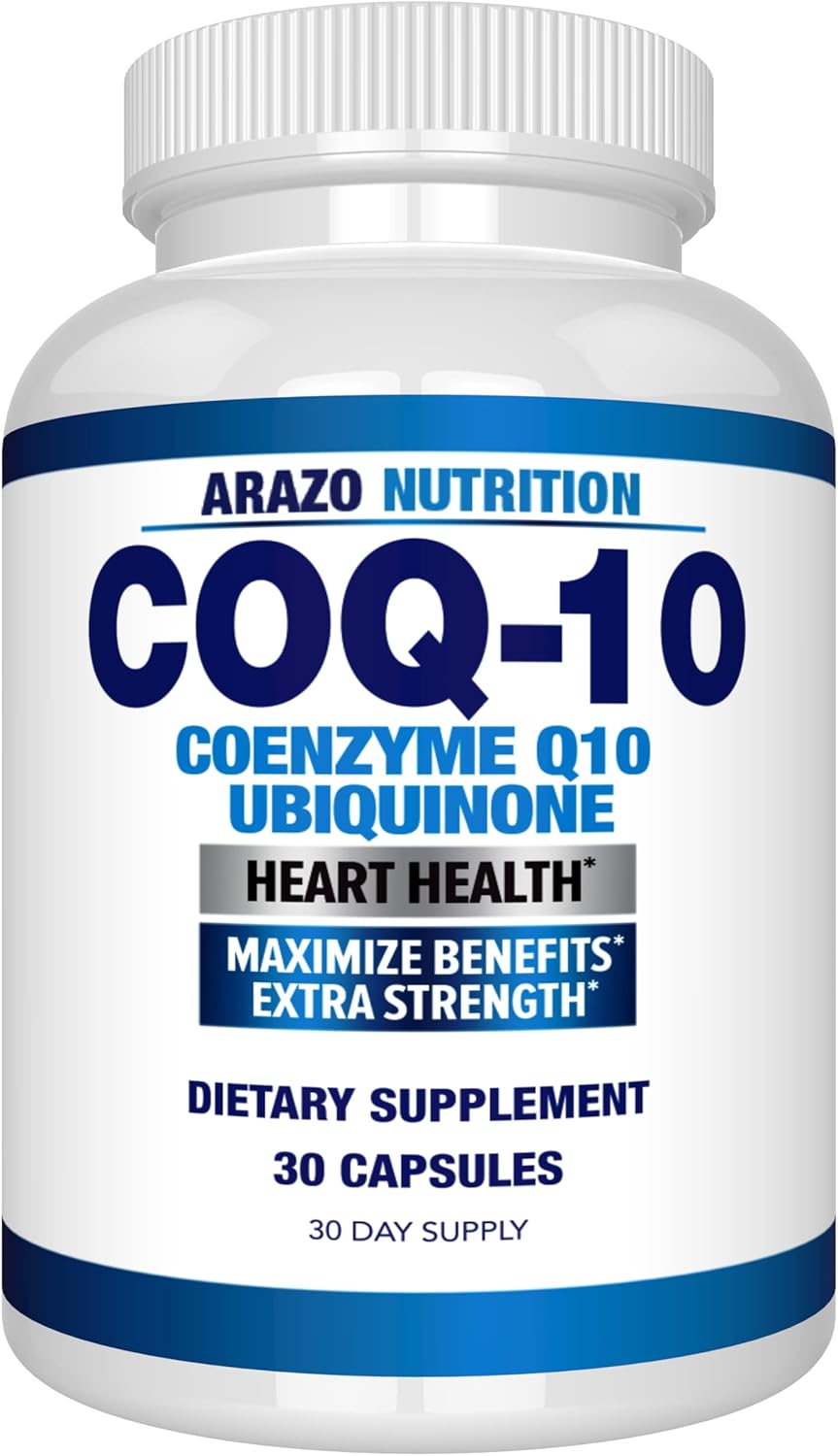 High Absorption CoQ10-200mg Maximum Strength Supplement by Arazo Nutrition - Ubiquinone Coenzyme Q10 Capsules without Soy