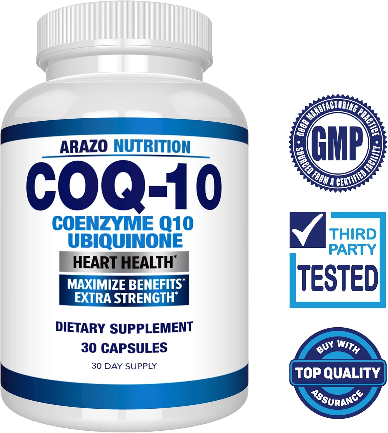 High Absorption CoQ10-200mg Maximum Strength Supplement by Arazo Nutrition - Ubiquinone Coenzyme Q10 Capsules without Soy
