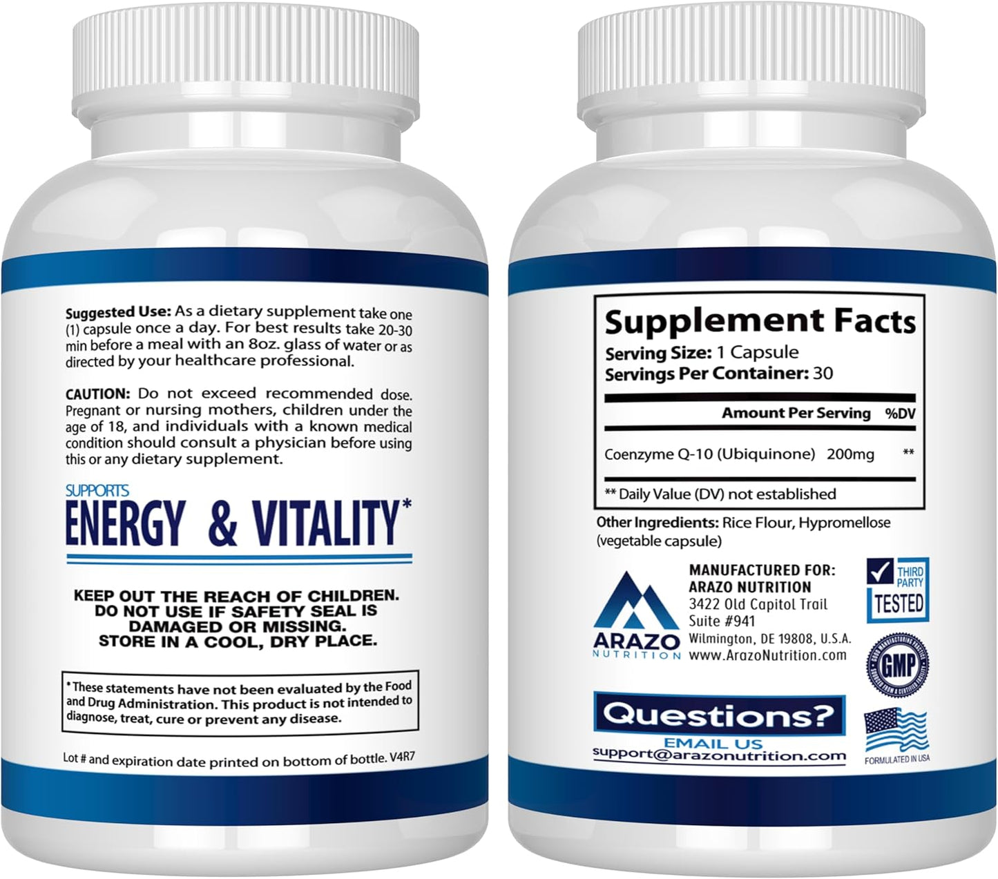 High Absorption CoQ10-200mg Maximum Strength Supplement by Arazo Nutrition - Ubiquinone Coenzyme Q10 Capsules without Soy