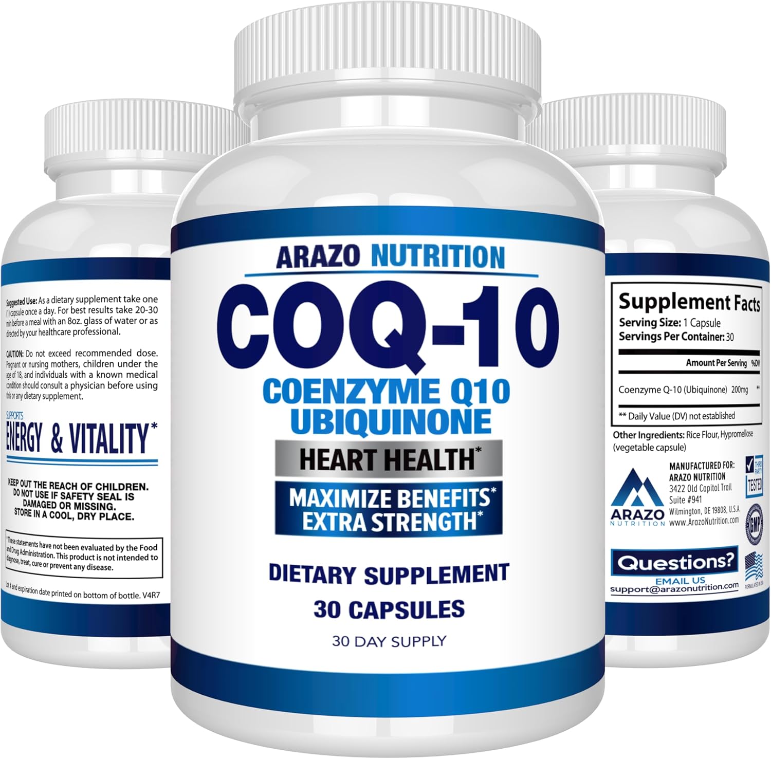 High Absorption CoQ10-200mg Maximum Strength Supplement by Arazo Nutrition - Ubiquinone Coenzyme Q10 Capsules without Soy