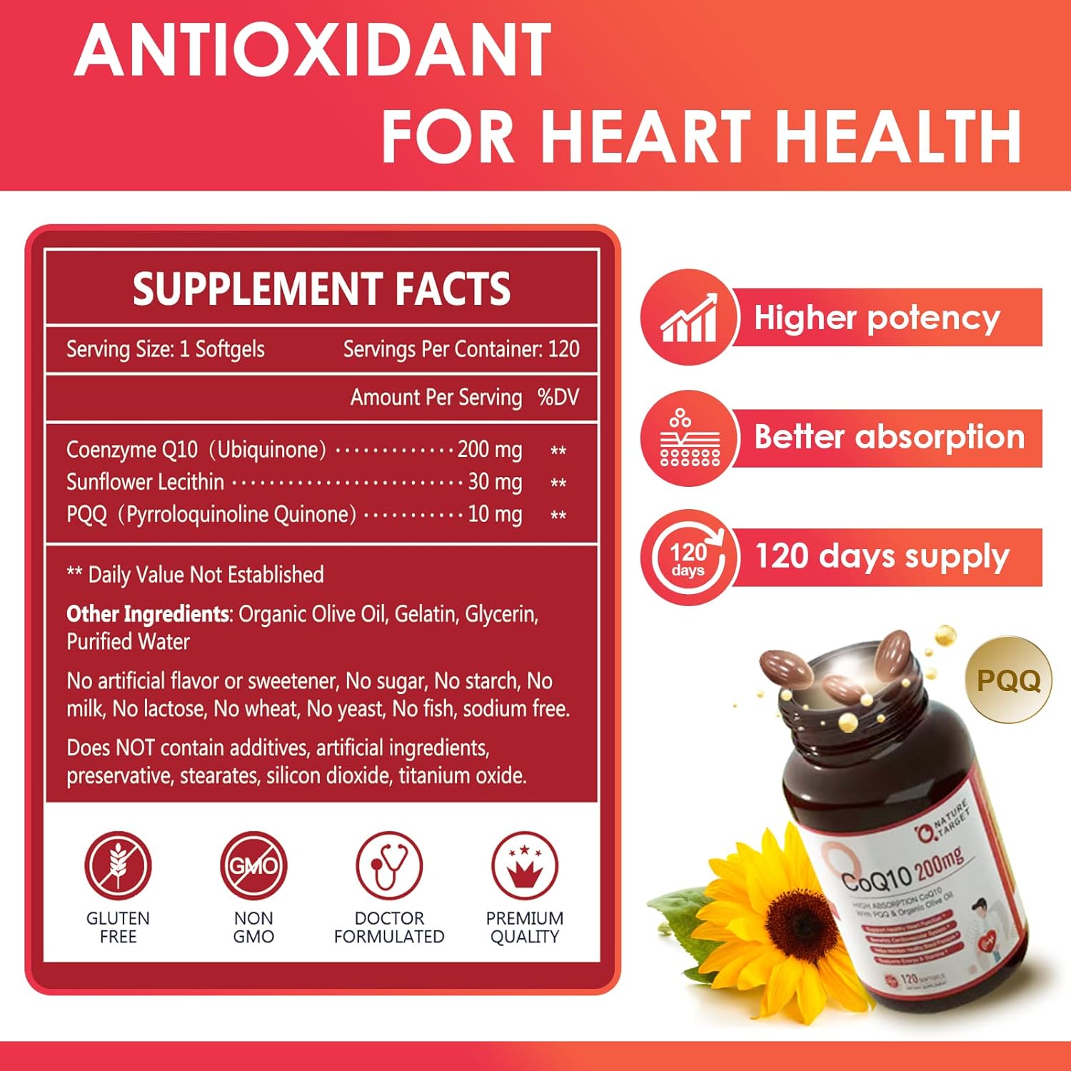 High Absorption CoQ10-200mg Softgels with PQQ and Organic Olive Oil for Heart Health, Immune Support, and Energy Production - Antioxidant Supplement, 120 Servings