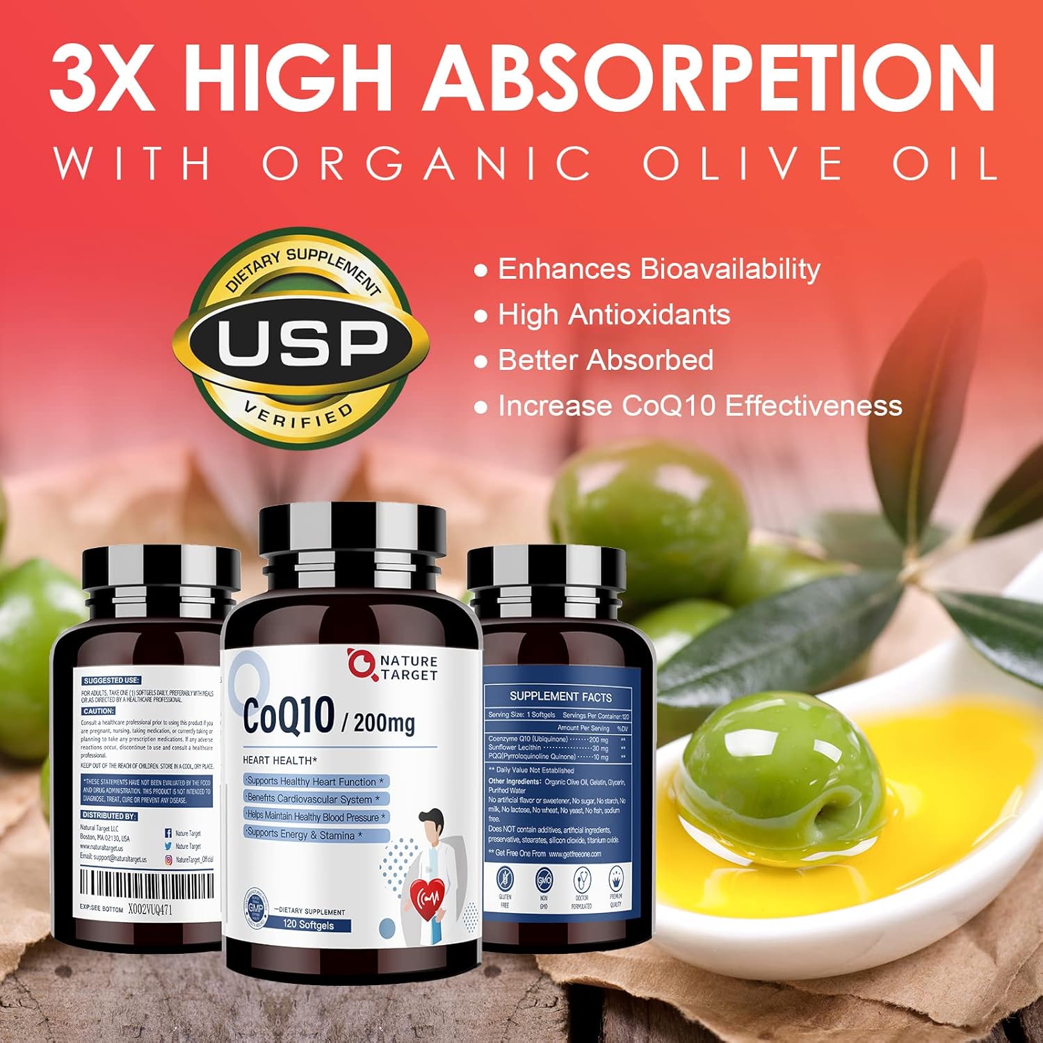 High Absorption CoQ10-200mg Softgels with PQQ and Organic Olive Oil for Heart Health, Immune Support, and Energy Production - Antioxidant Supplement, 120 Servings