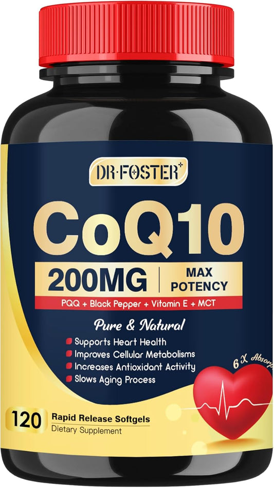 High Absorption CoQ10 200mg Supplement for Heart Health & Energy, Softgels with Vitamin E, PQQ, and Black Pepper Extract - 120 Servings by DRFOSTER