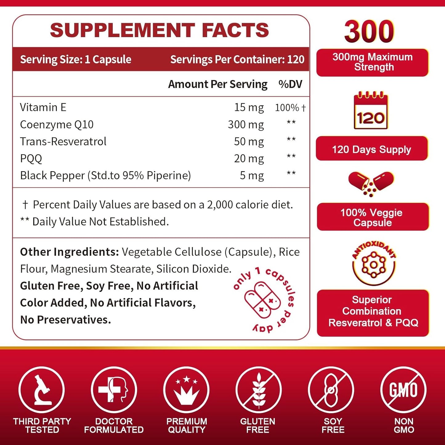 High Absorption CoQ10-300mg with Trans-Resveratrol, PQQ, Vitamin E & BioPerine - Antioxidant for Heart & Energy - 120 Veg Caps
