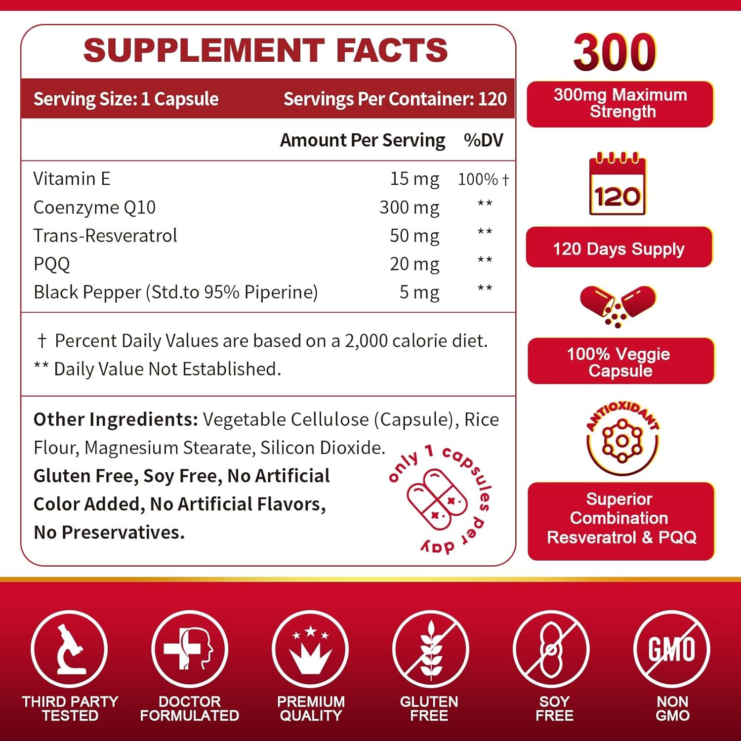 High Absorption CoQ10-300mg with Trans-Resveratrol, PQQ, Vitamin E & BioPerine - Antioxidant for Heart & Energy - 120 Veg Caps