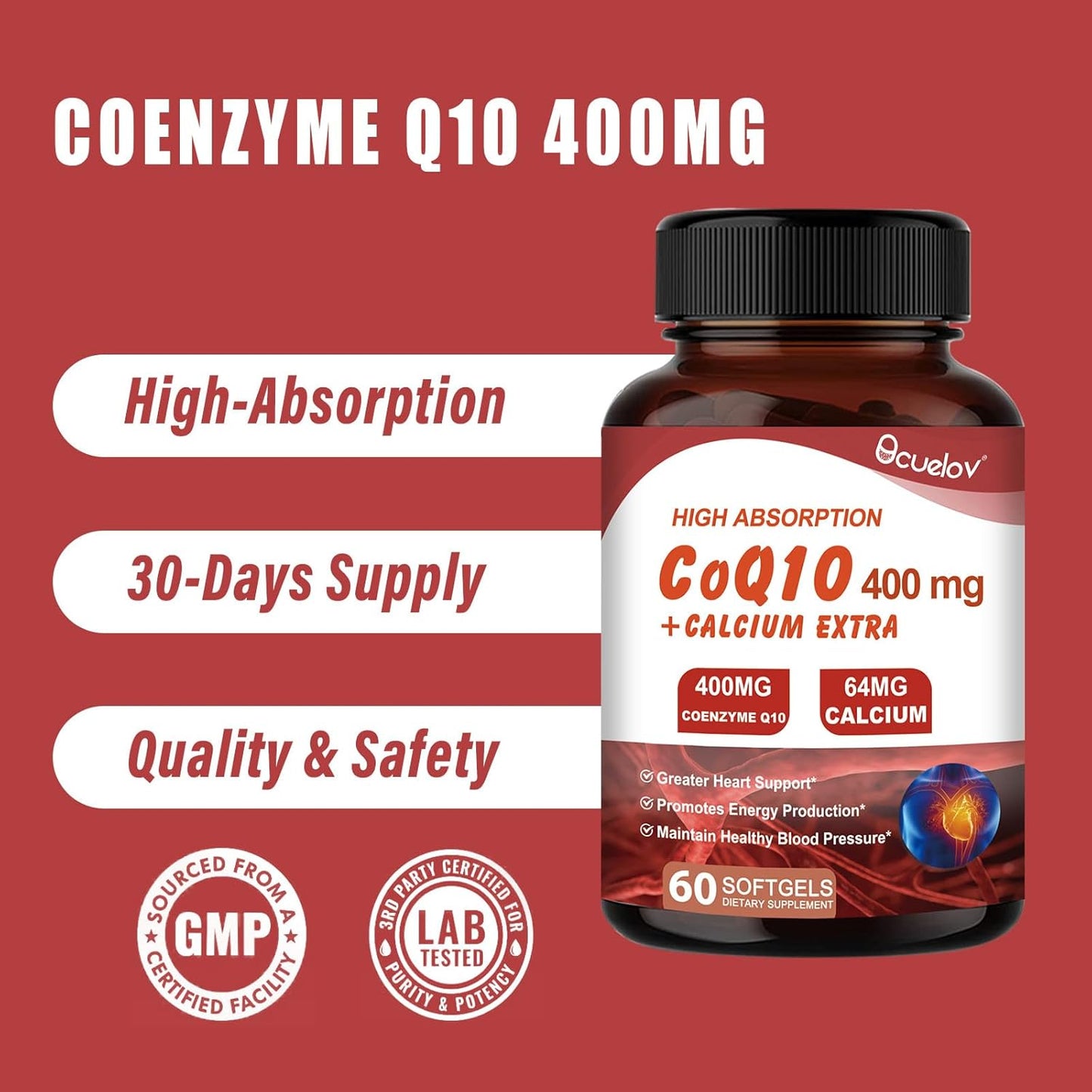 High Absorption CoQ10 400mg Capsules for Heart Health & Energy Production - Dairy and Gluten Free - 60 Capsules