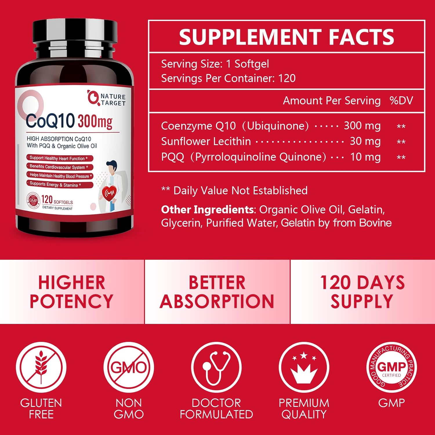 High Absorption CoQ10 and PQQ Softgels with Organic Olive Oil - 300mg - Heart Health, Immune Support, Energy - 120 Servings