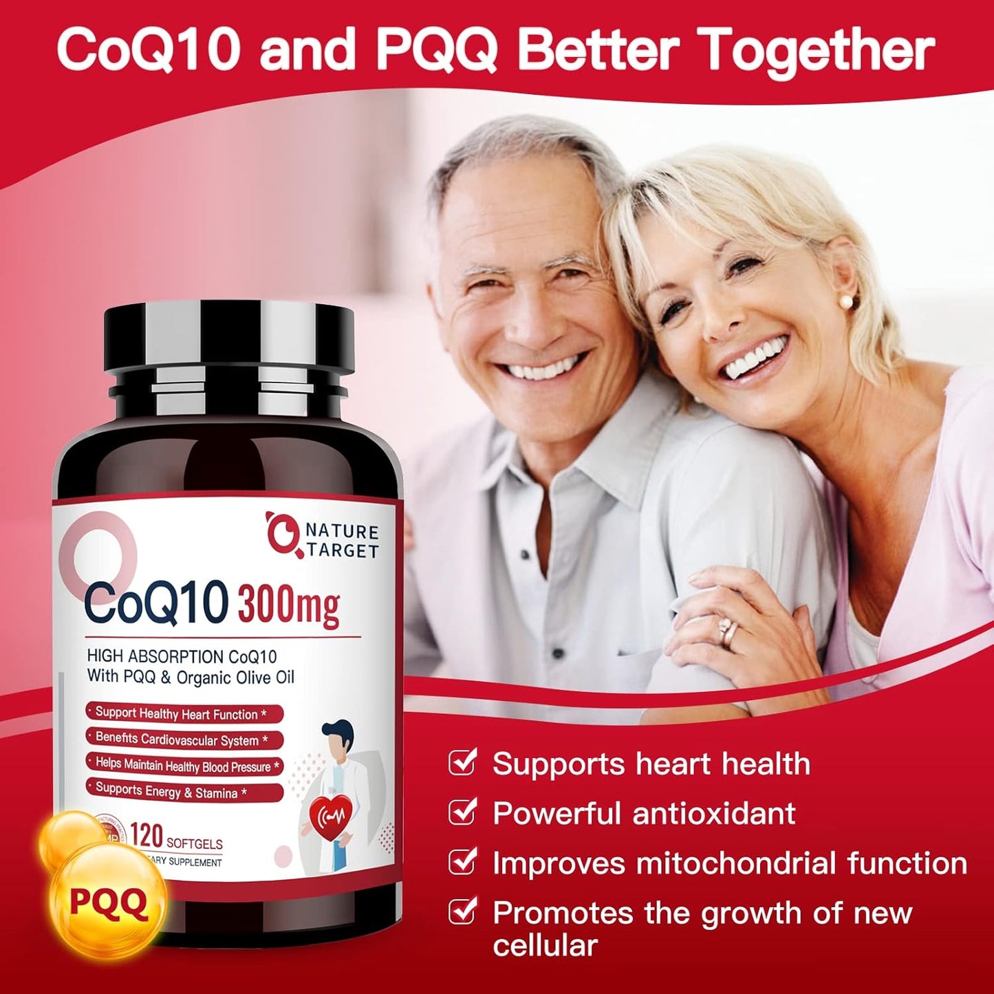High Absorption CoQ10 and PQQ Softgels with Organic Olive Oil - 300mg - Heart Health, Immune Support, Energy - 120 Servings