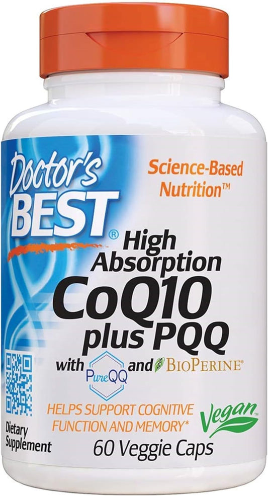 High Absorption CoQ10 Plus PQQ for Cognitive Support - USP Verified, Naturally Fermented, Non-GMO, Gluten Free, Soy Free, Vegan - 60 Veggie Capsules