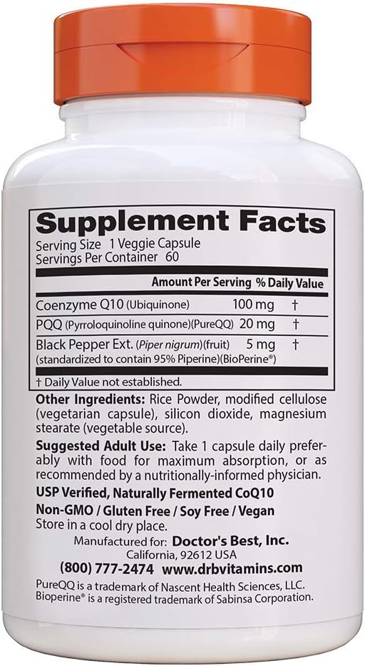High Absorption CoQ10 Plus PQQ for Cognitive Support - USP Verified, Naturally Fermented, Non-GMO, Gluten Free, Soy Free, Vegan - 60 Veggie Capsules